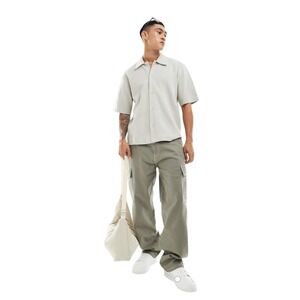NWT Pull&Bear Men's Wide Leg Cargo Utility Pants Olive Green Contrast Stitch 29
